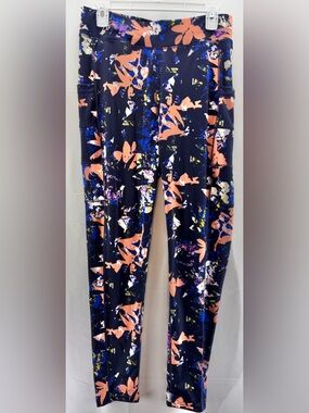 POP Fit Navy Floral Print High Waisted Leggings with Peach Accents Size XL